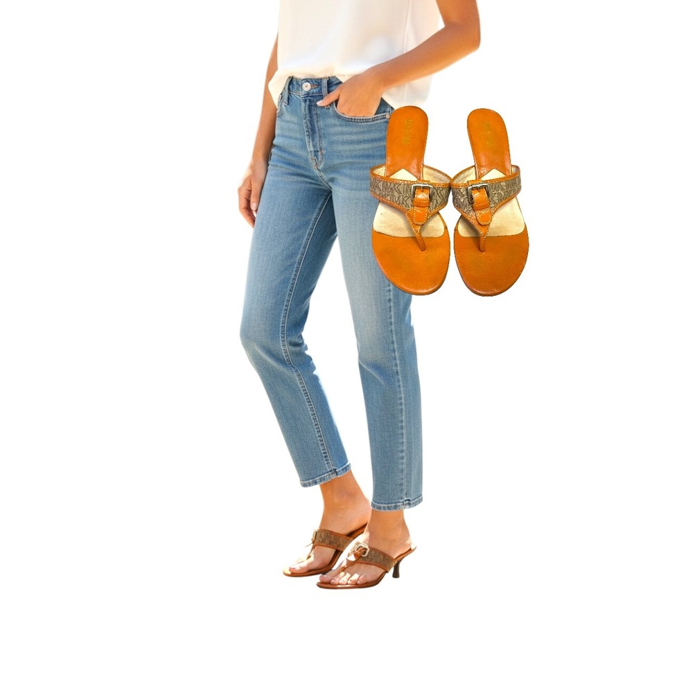 Michael Michael‎ Kors Womens Orange Monogram Thong Kitten Heel Sandals Size 7M
